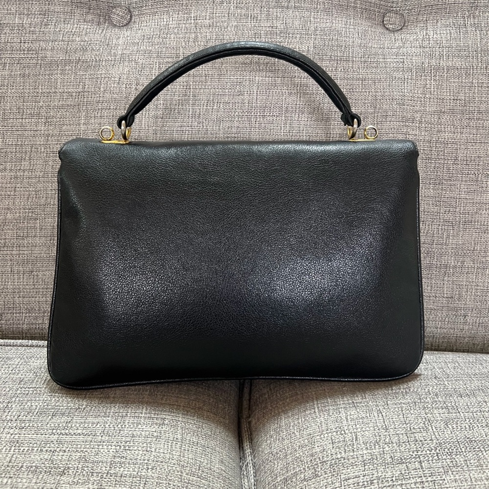 Vintage 1950s Pebble Leather Top Handle Mid-Century Structured Black Satchel Bag - Picture 2 of 16